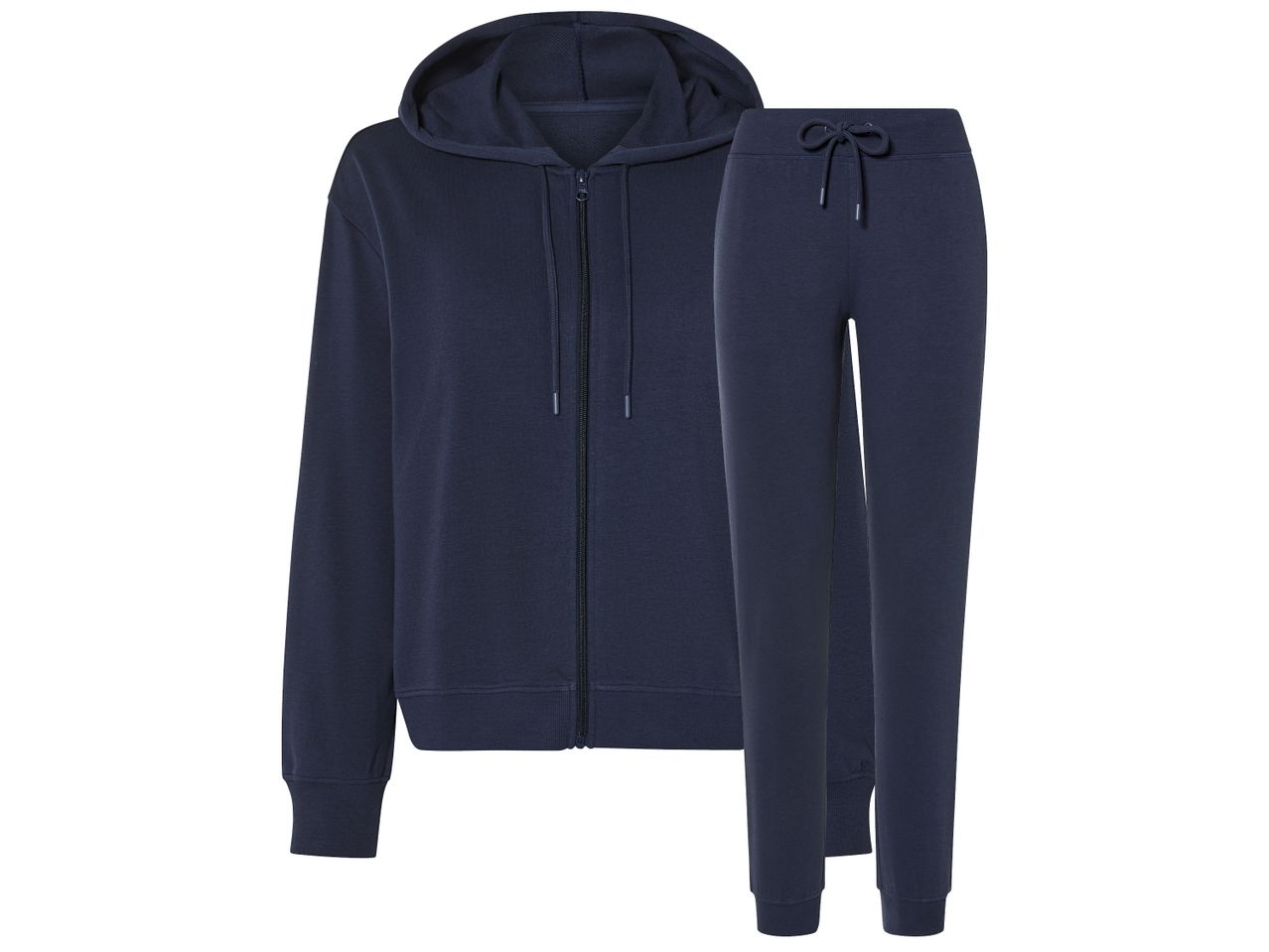 Тъмносин домашен комплект от суитшърт с качулка и цип и спортно долнище с връзки.