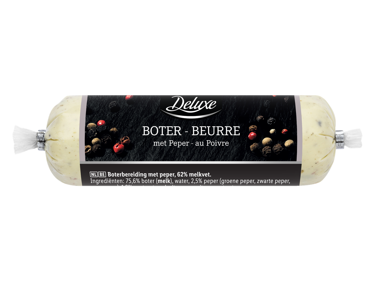 Deluxe boterrol met peper, met de tekst 'BOTER - BEURRE'.
