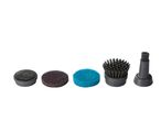 Five cleaning brush and scrubber attachments for a power scrubber, including two brushes and three scrubbing pads.