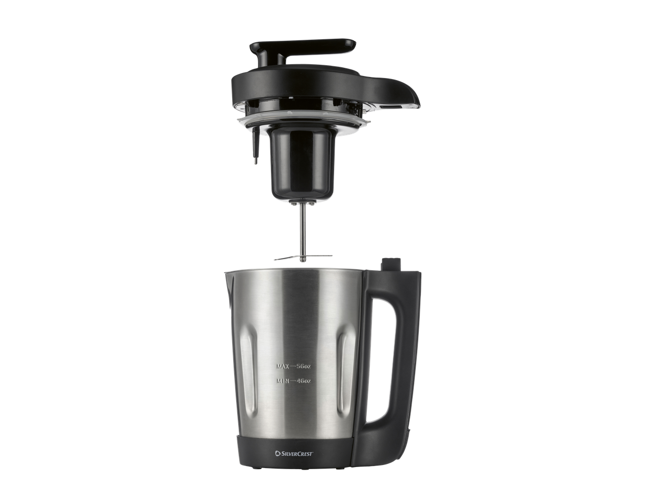 SilverCrest soup maker with a stainless steel jug and black lid with a blade attachment