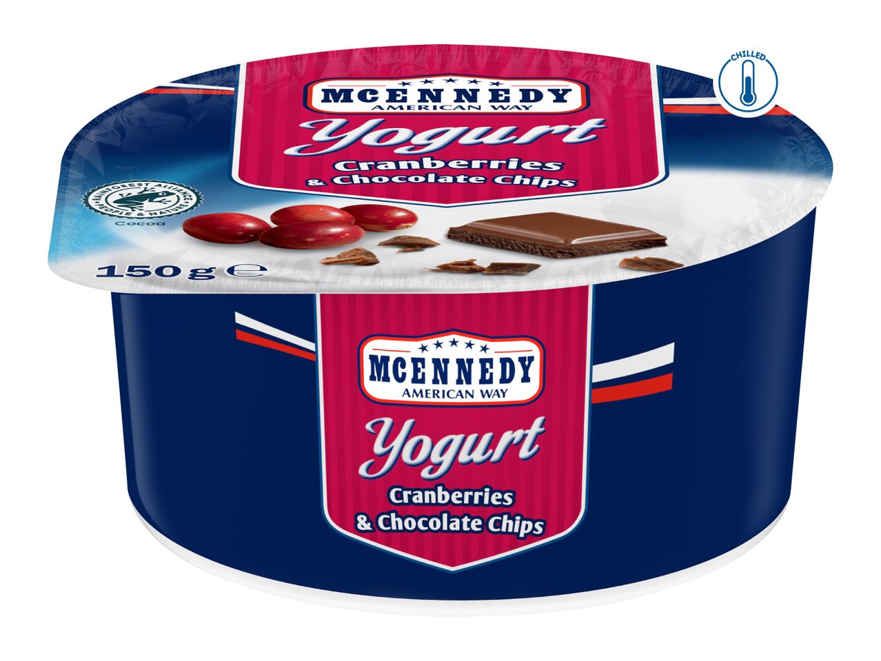 Yogurt with cranberries and chocolate chips, 150g, with a Rainforest Alliance cocoa seal.