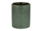 Green speckled ceramic cylindrical pot with a dark rim