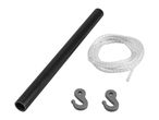 Black pole, white rope, and two grey S-hooks for a clothesline or similar utility.