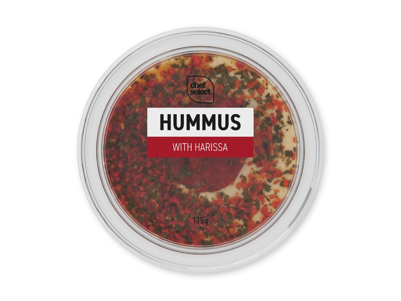 Hummus med harissa i en rund beholder, 175g.