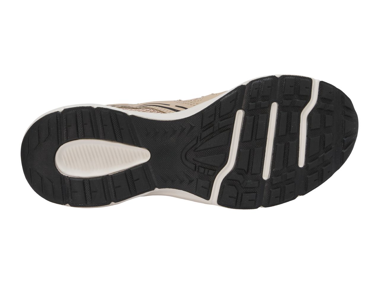 Underside of a beige and black athletic shoe with a textured sole.