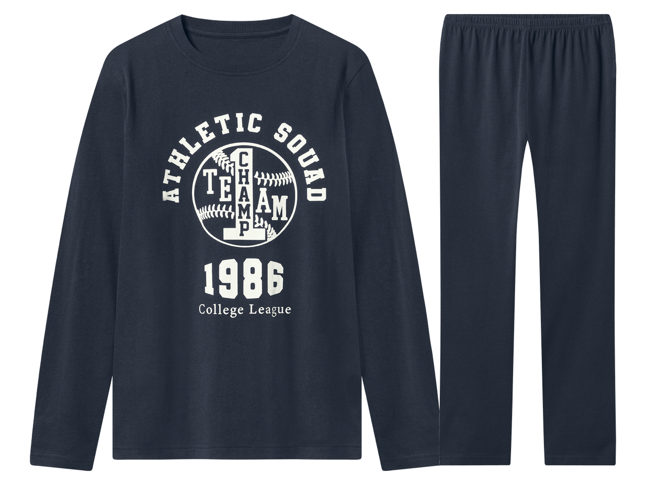 Тъмносиня пижама от две части с щампа 'ATHLETIC SQUAD CHAMP TEAM 1986 College League'.