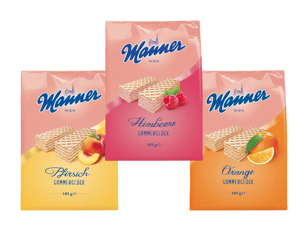 Drei Packungen Waffeln in den Geschmacksrichtungen Himbeere, Pfirsich und Orange, jeweils 185g.