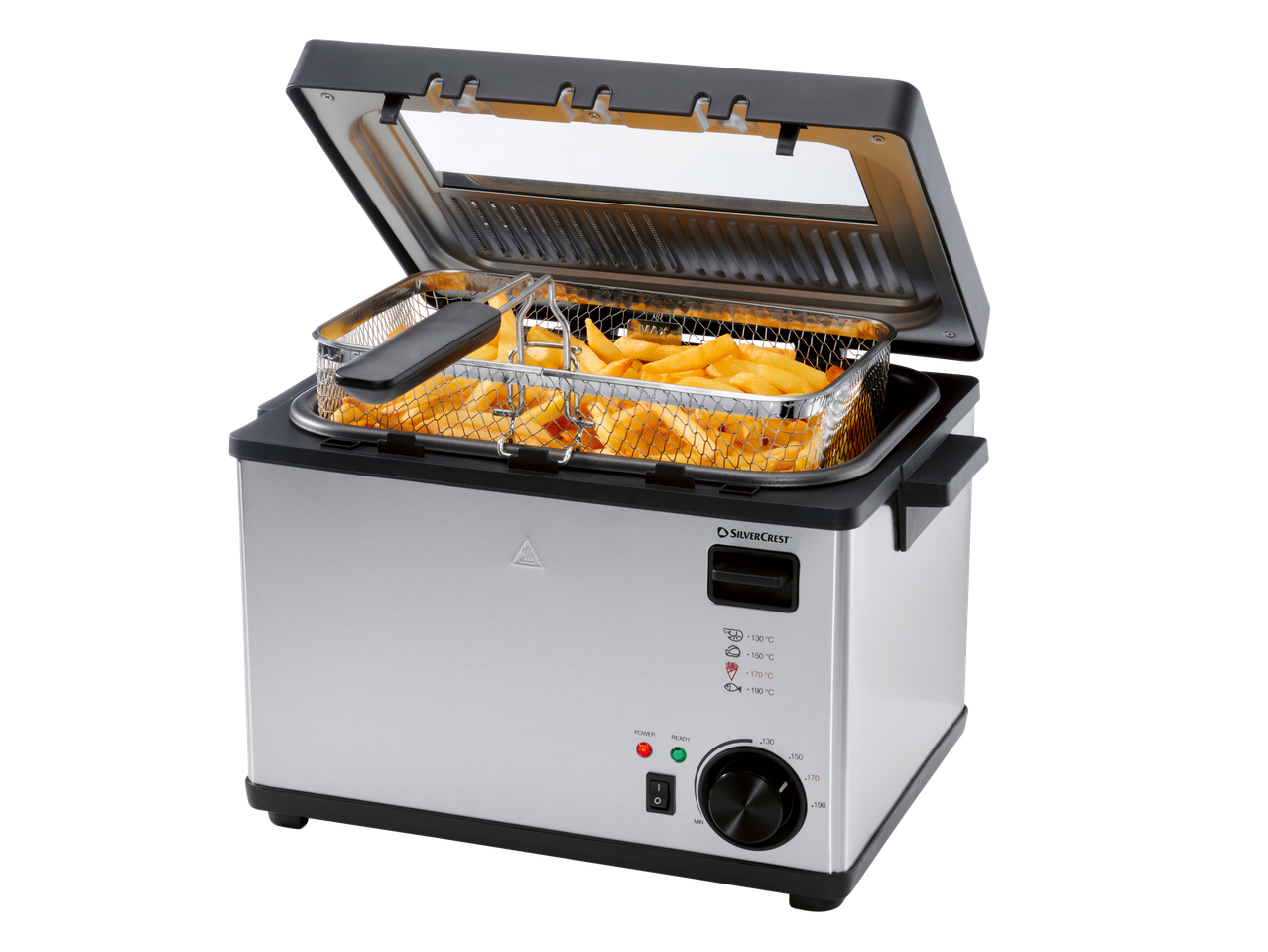 Fritadeira de aço inoxidável SILVERCREST® com batatas fritas e configurações de temperatura.