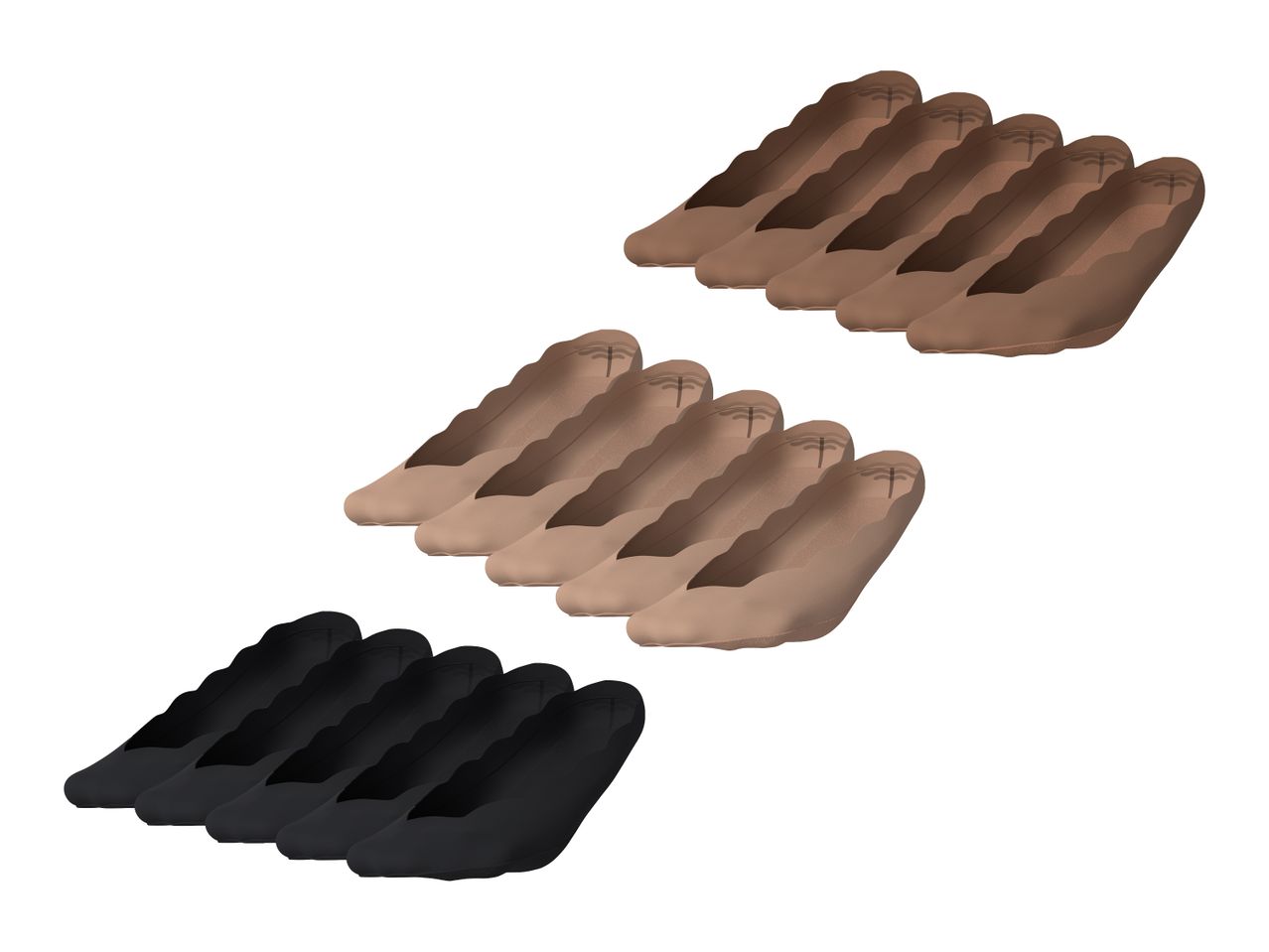 Mehrere Paare unsichtbarer Socken in Schwarz, Hellbraun und Dunkelbraun.