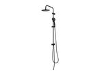 Black shower column with a round overhead shower and a handheld shower.
