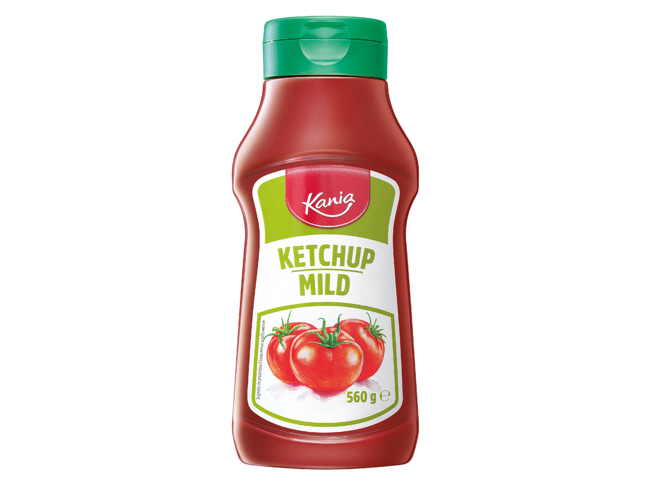 Бутилка кетчуп с надпис 'Ketchup Mild' и изображение на домати, 560 гр.