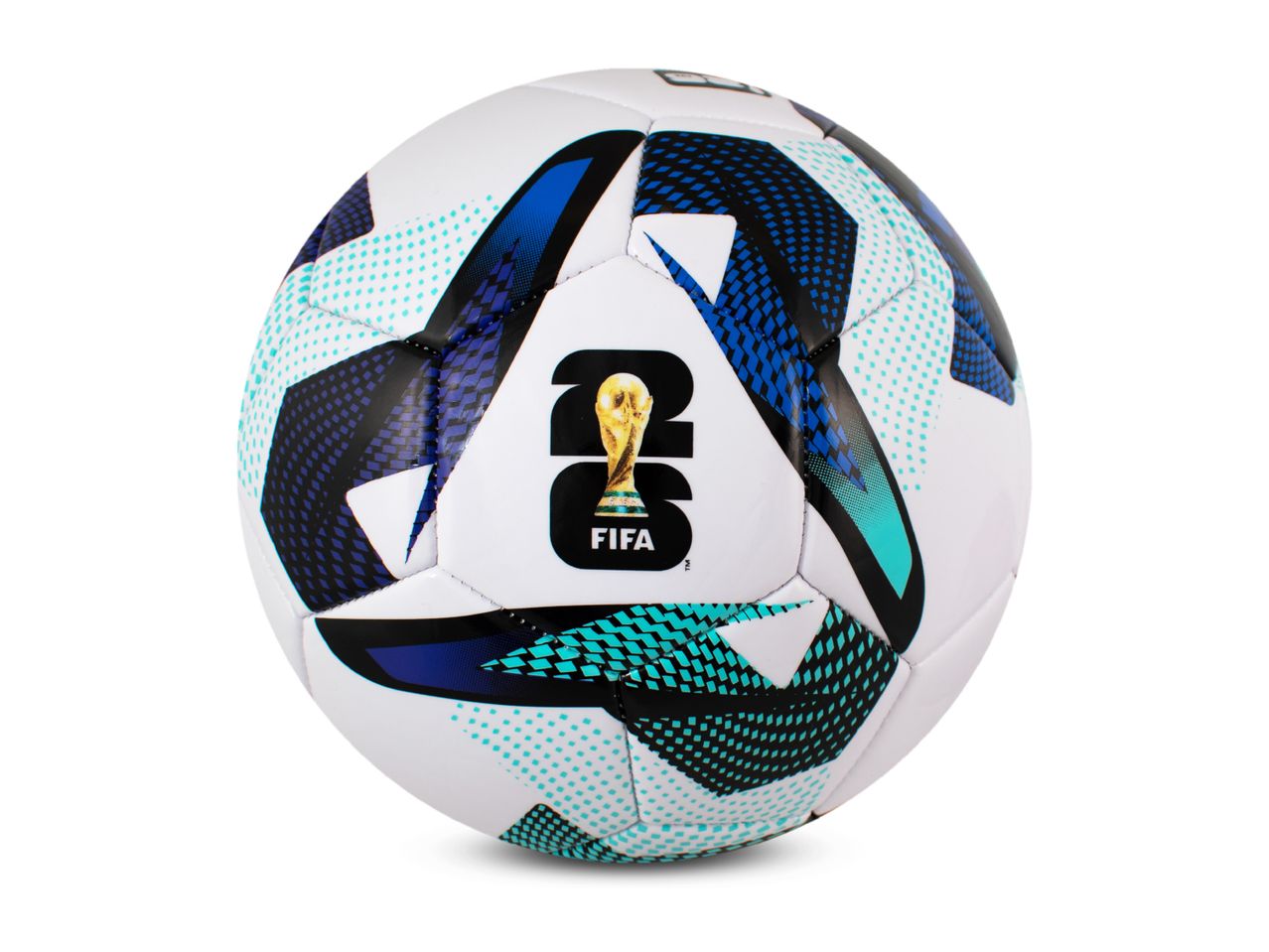White and blue patterned football with a gold trophy logo and the number 26.