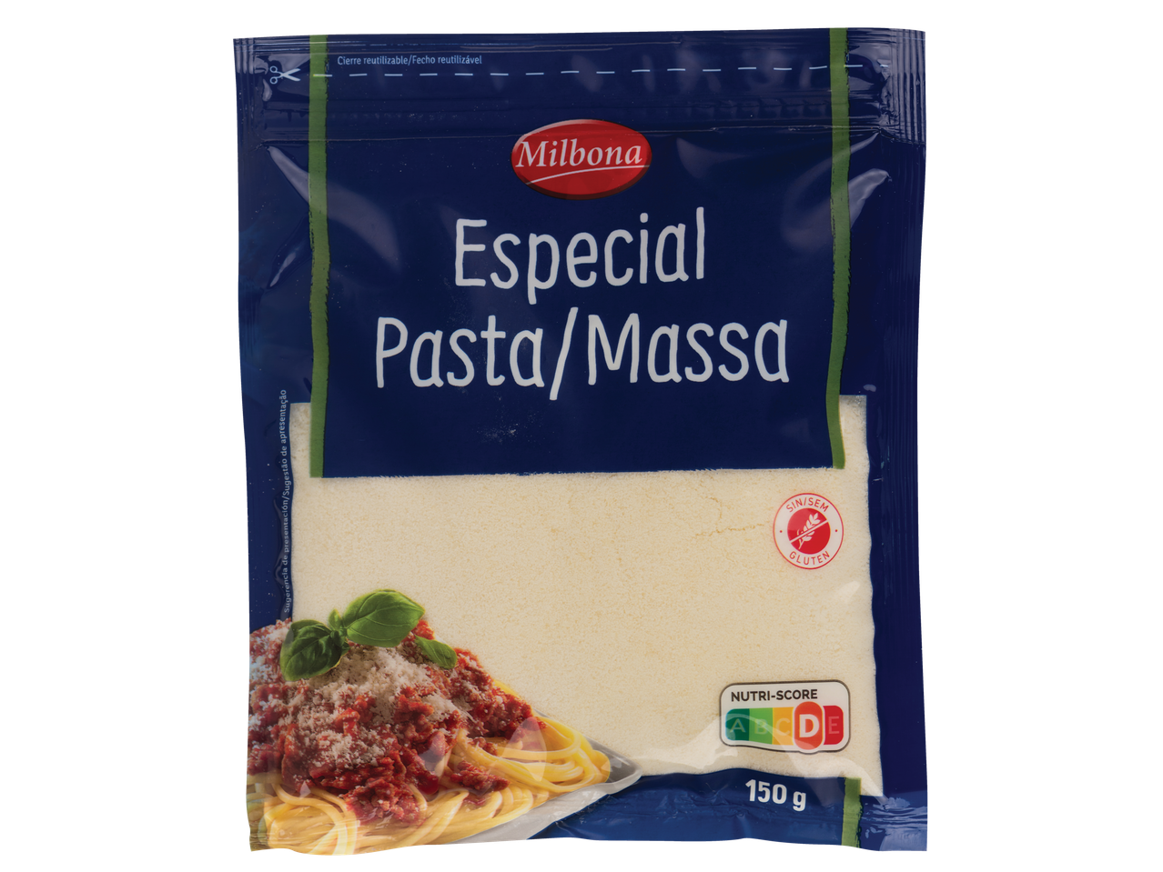 Milbona Queijo Ralado em Pó Especial Massas, 150g, sem glúten, com Nutri-Score D.