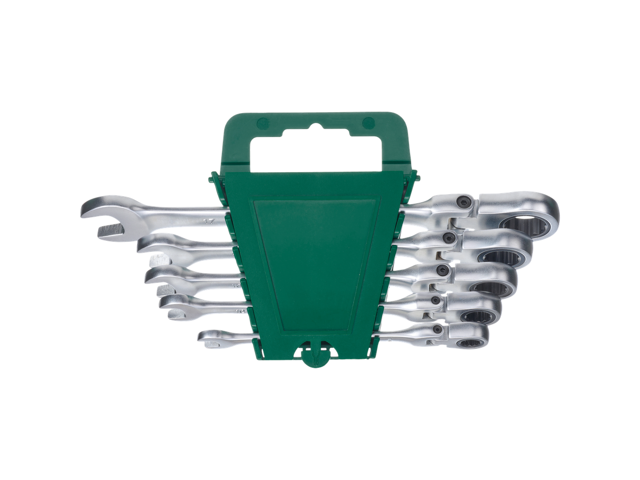 PARKSIDE® Flexi-Head Ratchet Spanner Set in a green holder.