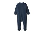 Back view of a dark blue baby romper with long sleeves and footies