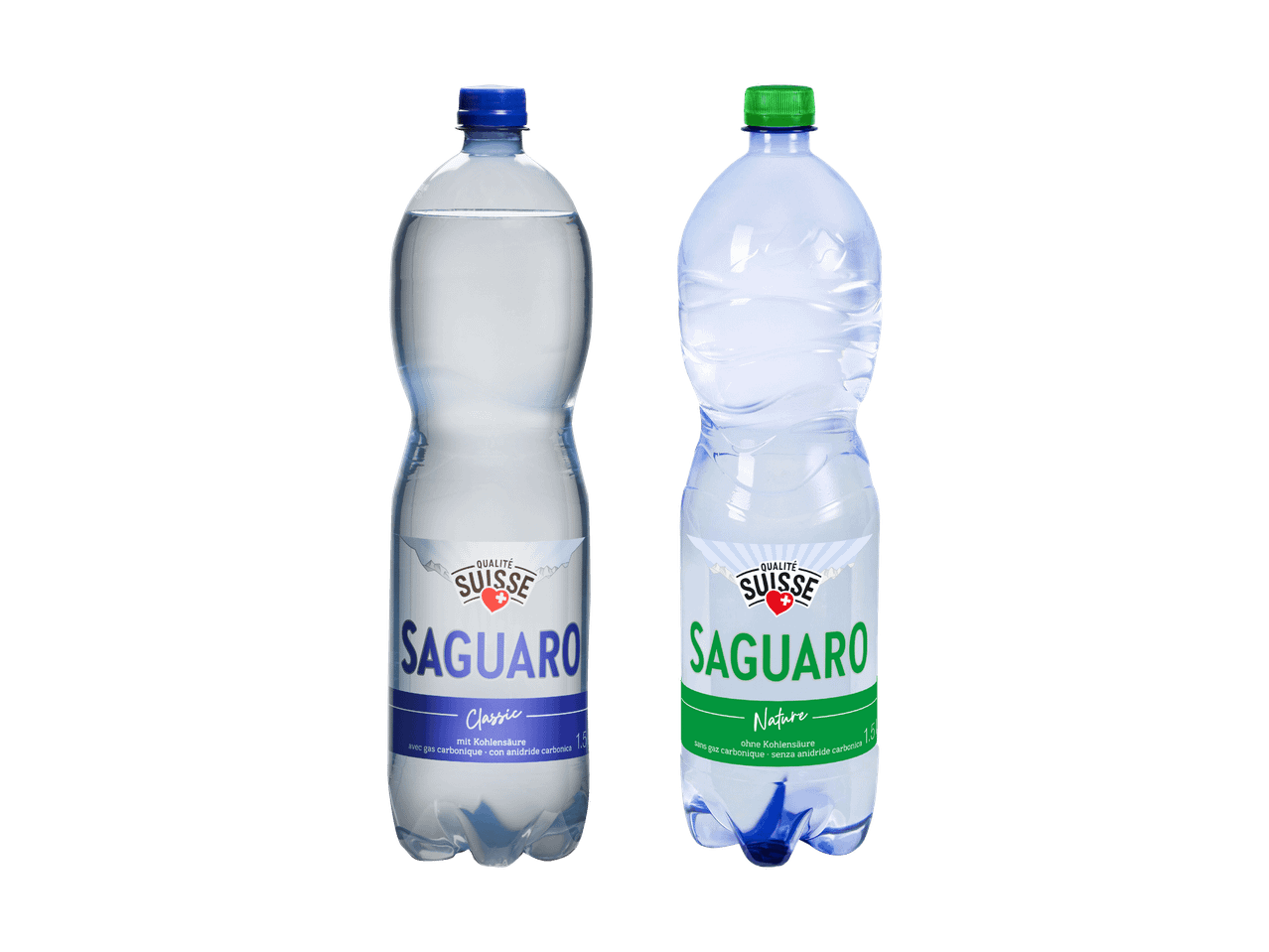 Sei bottiglie da 1,5 litri di acqua frizzante, etichettate 'Classic' con 'Qualité Suisse'.