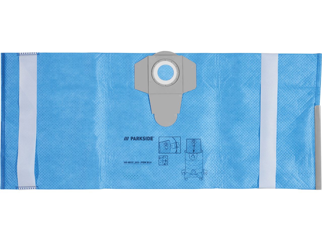 A light blue vacuum cleaner bag with a grey dust collection area.