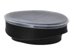Black food storage container with a translucent gray lid, angled view.