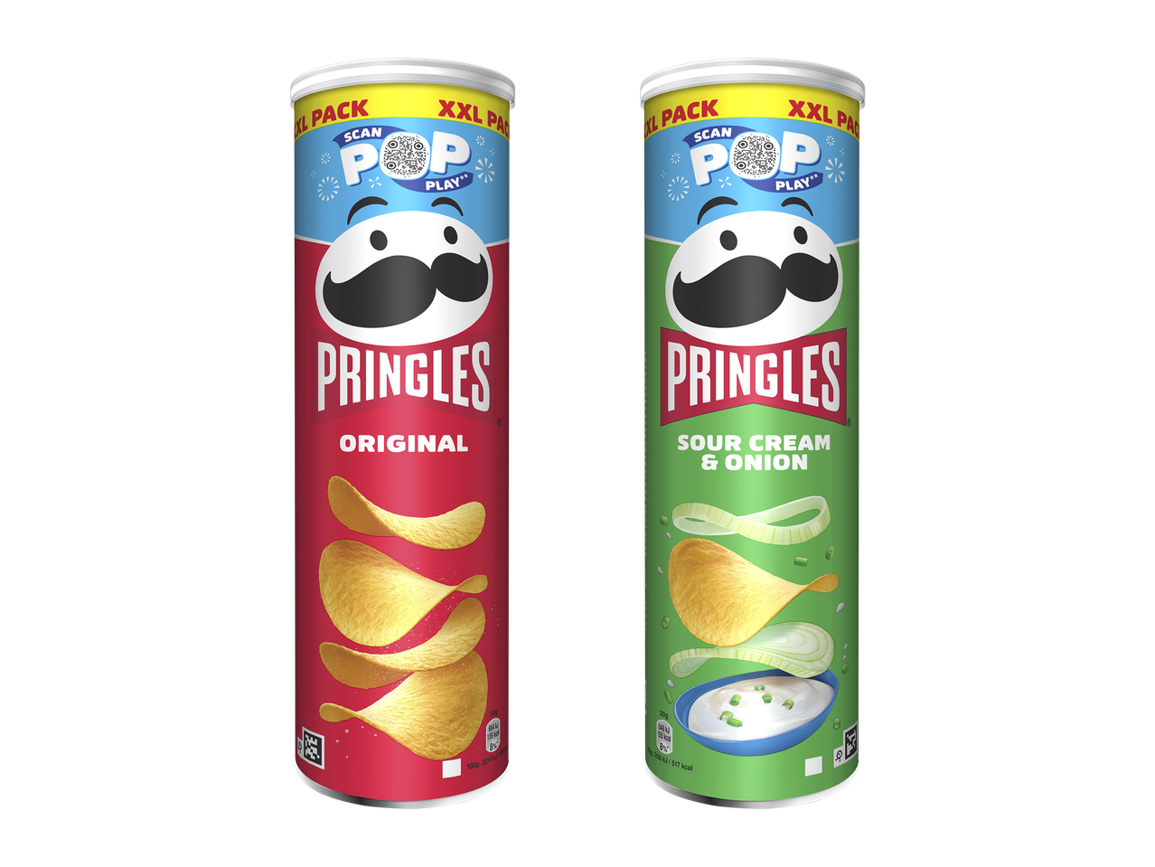 Două cutii de chipsuri, una roșie cu aromă originală și una verde cu smântână și ceapă.