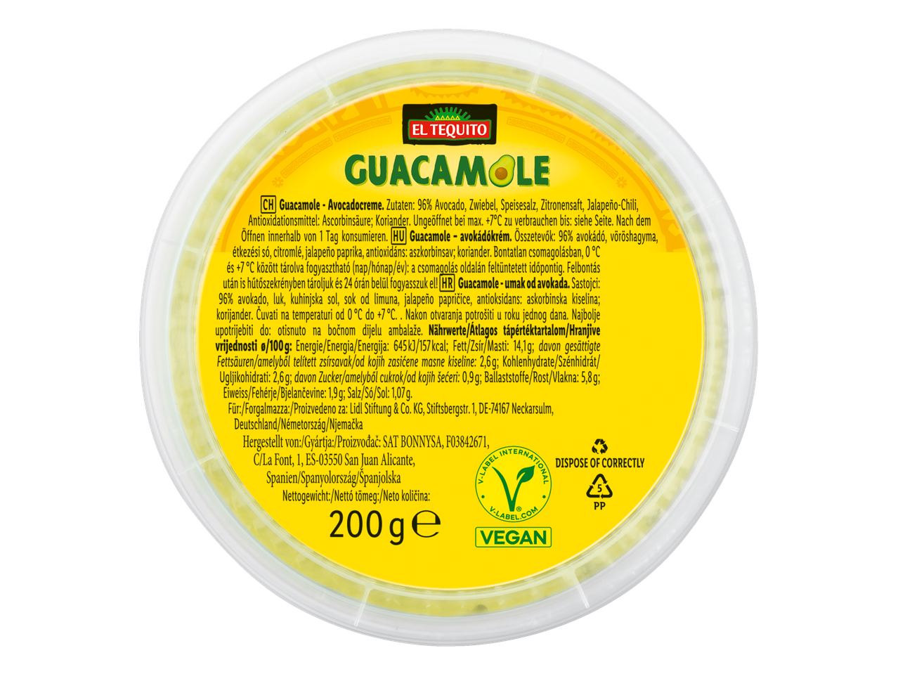 El Tequito vegán guacamole: 96% avokádó, 200 g.