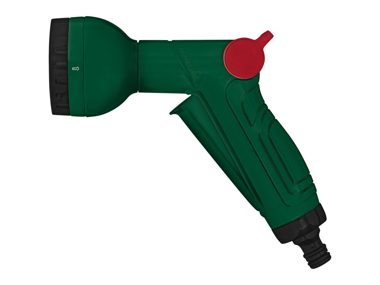 Pistolet d'arrosage vert avec buse réglable et bouton rouge.
