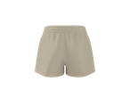Pantaloni scurți sport bej deschis pe fundal negru.