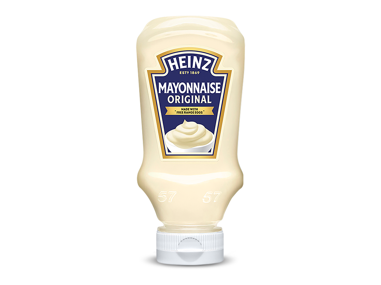 Een fles originele mayonaise met een blauw etiket en de tekst 'Mayonnaise Original'.