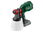Cordless paint spray gun with a detachable battery and a white container with measurements.