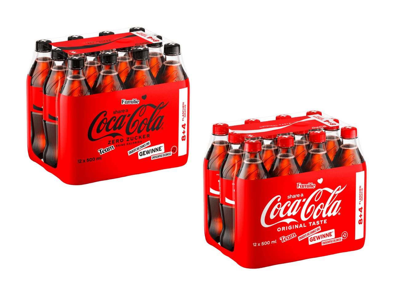 Zwei 12er-Packs Coca-Cola Flaschen, einmal Zero Zucker und einmal Original Taste.