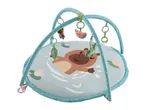 Baby play mat with a blue arch, hanging toys, and a cute animal design.