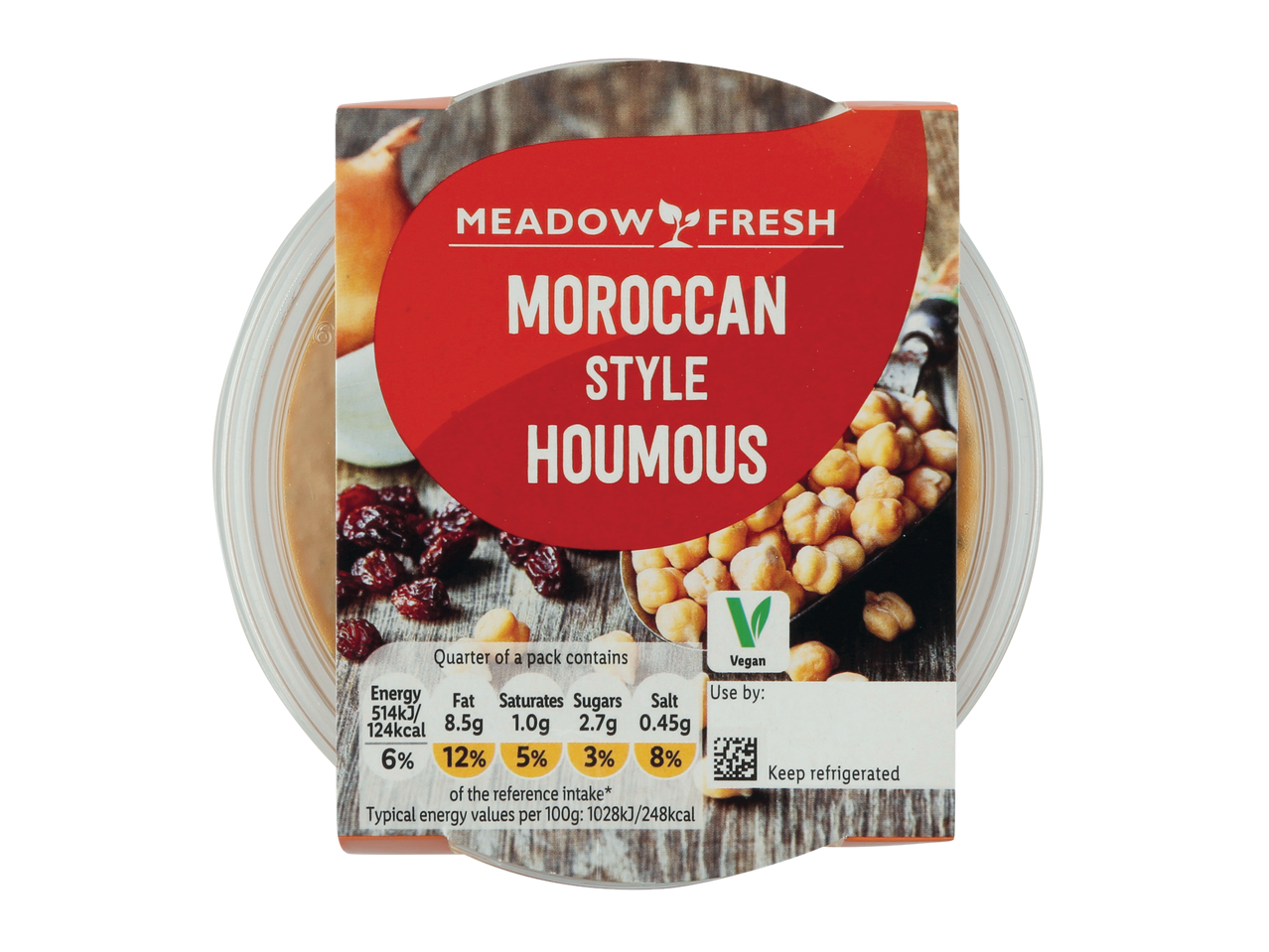 Meadow Fresh Moroccan Style Hummus: vegan hummus in a container.