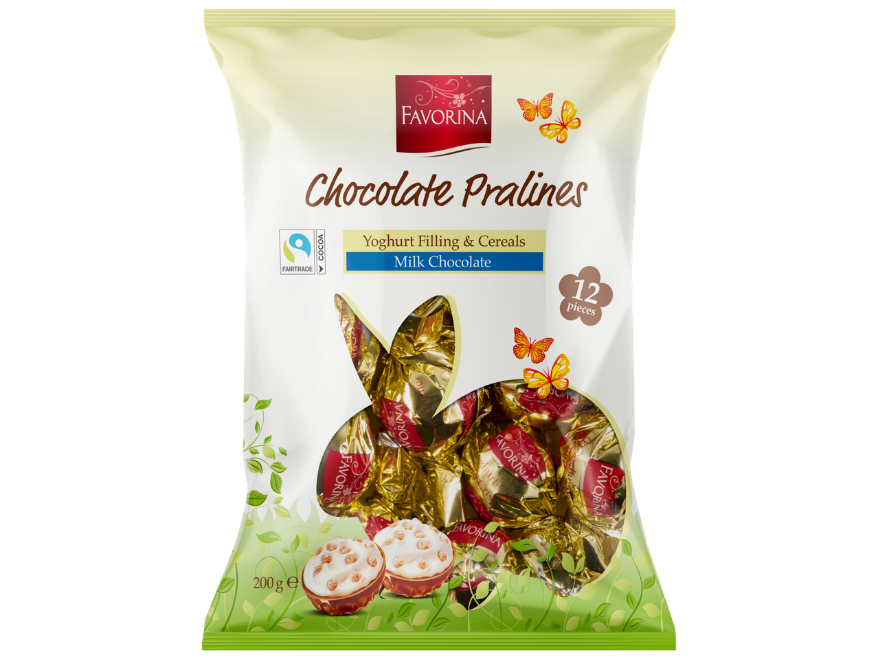 Praline de ciocolată Favorina cu umplutură de iaurt și cereale, ciocolată cu lapte, 200g.