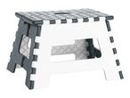A white and gray plastic folding step stool.