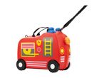Red fire truck-shaped children's ride-on suitcase with black wheels and a pull strap.