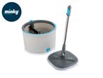 A grey and blue spin mop and bucket set on a white background.