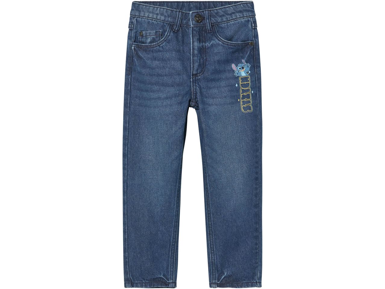 Blue denim jeans with a Stitch graphic on the right leg.