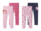 Vier Kinderleggings: zwei rosa Paw Patrol Skye, eine rosa Peppa Wutz Einhorn und eine dunkelblaue Peppa Wutz.