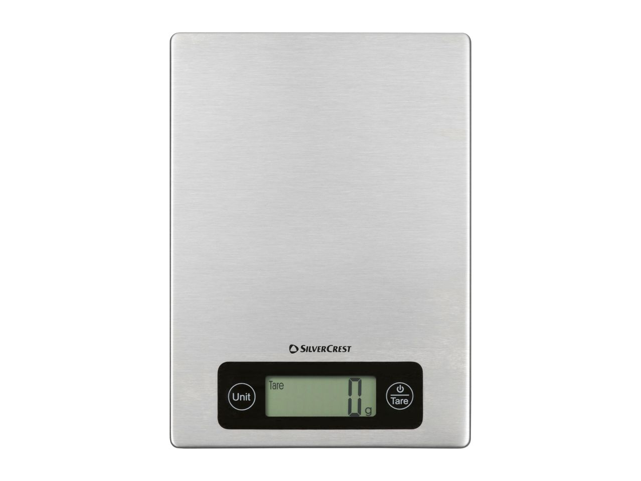 Stainless steel kitchen scale with a digital display showing '0 g' and 'Unit' and 'Tare' buttons.