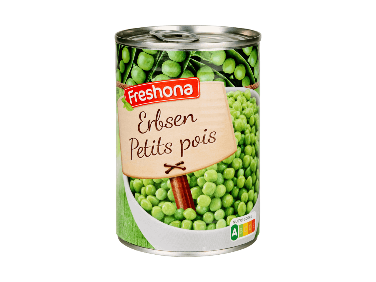 Una lattina di piselli con la scritta 'Erbsen Petits pois' sull'etichetta.