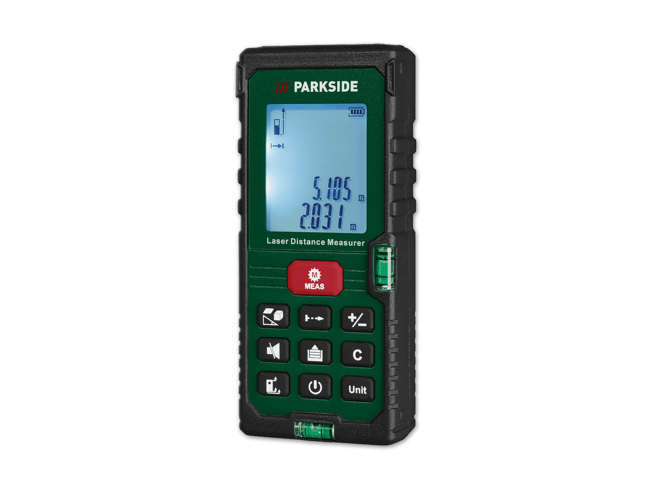 Ein Parkside Laser-Entfernungsmesser mit digitaler Anzeige und Tasten.