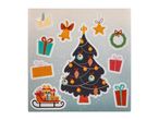 Christmas stickers with a tree, gifts, bell, star, wreath, and sleigh.
