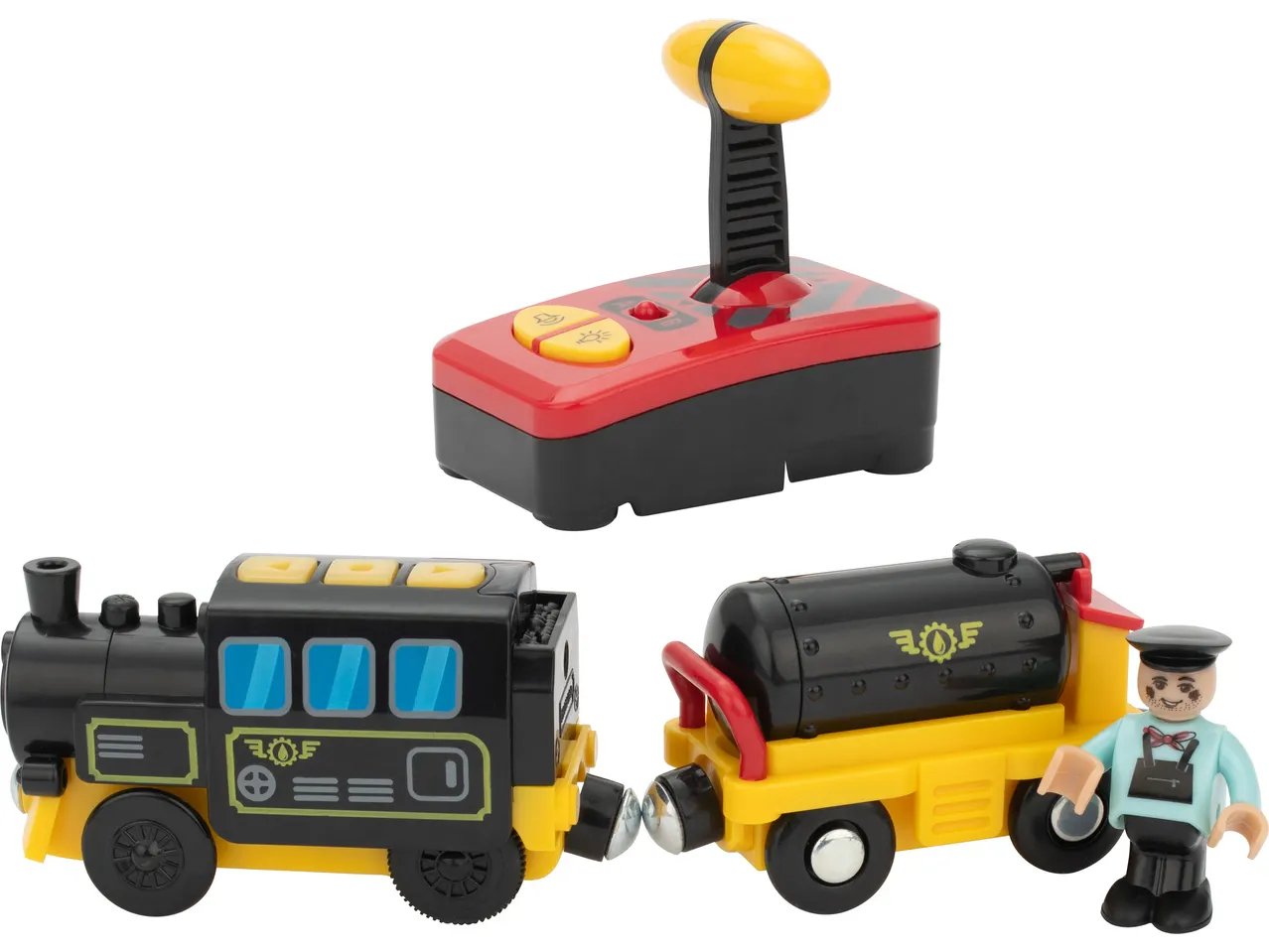 A toy train with a locomotive, coal car, train conductor figure, and a red remote control.