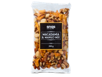 Snaqs Macadamia & Mango Mix: 200g zakje met macadamianoten, stukjes mango en noten.