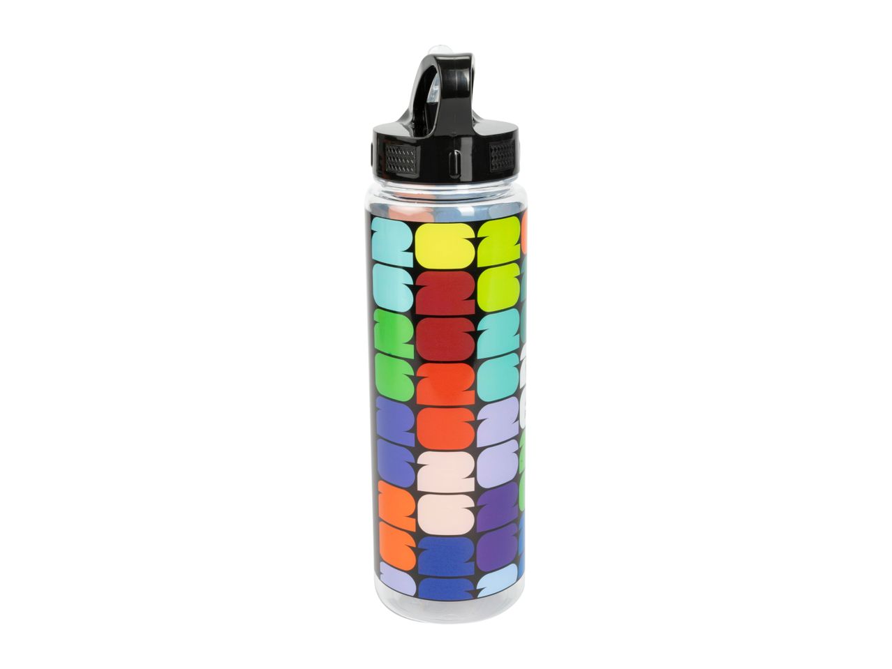 Clear water bottle with a black lid and a colorful, abstract pattern