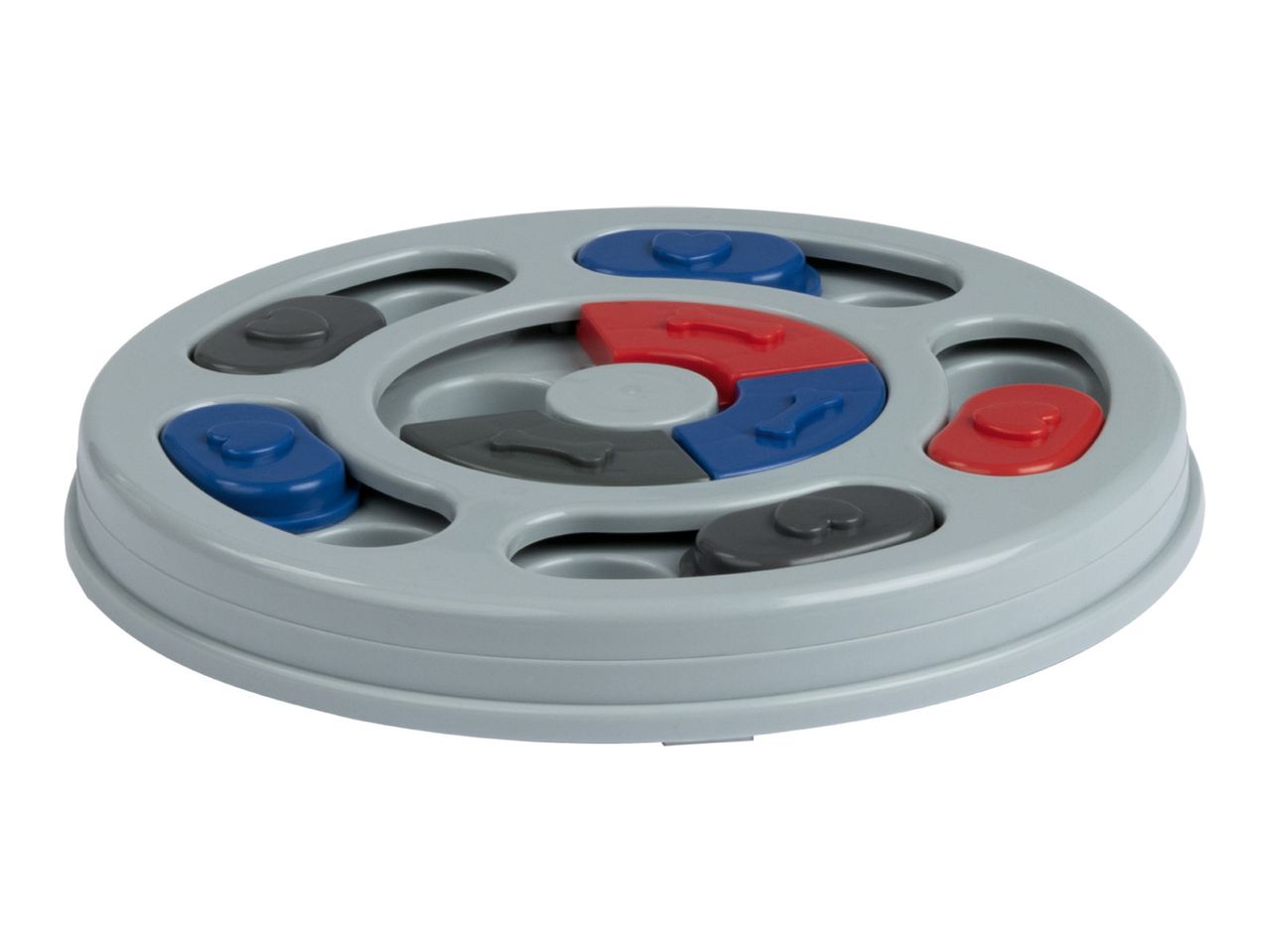 A gray dog puzzle toy with colored sliding pieces.