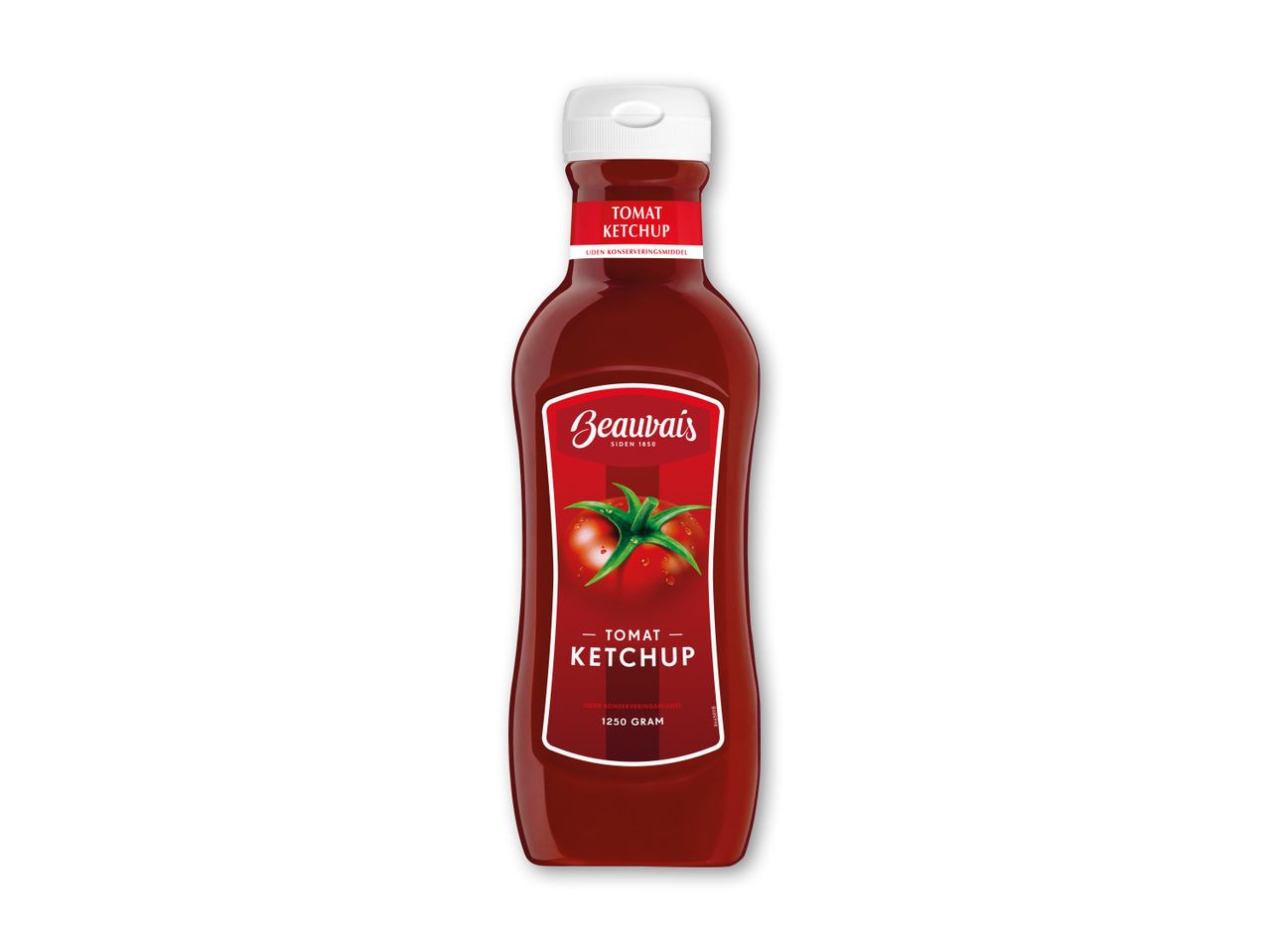 En flaske tomatketchup med et billede af tomater og teksten 'Tomat Ketchup' og '1250 gram'.