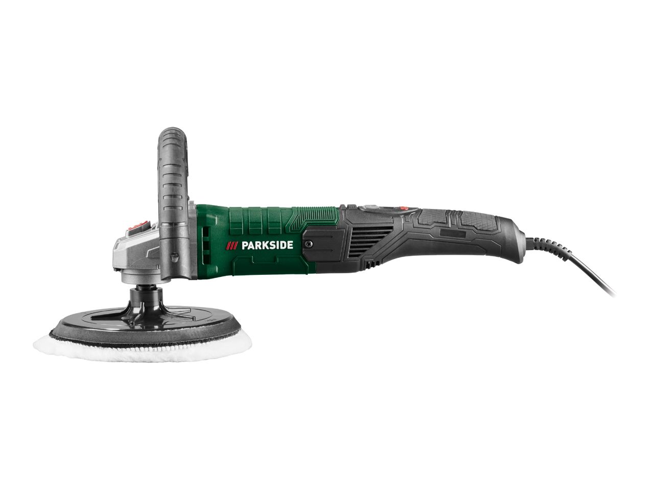 Green and black electric car polisher with a white buffing pad