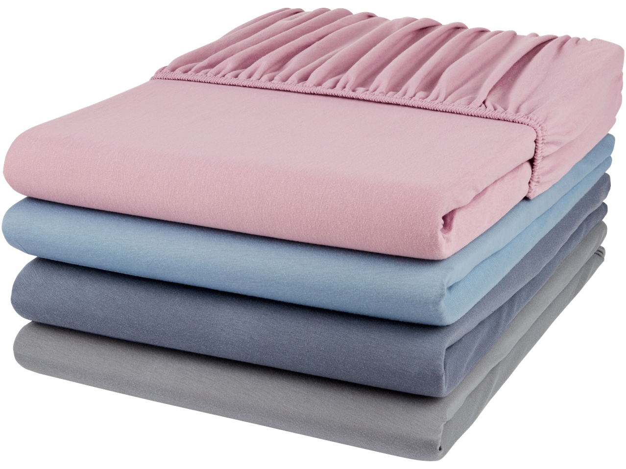 Stack of jersey bedsheets in pink, blue, and grey.