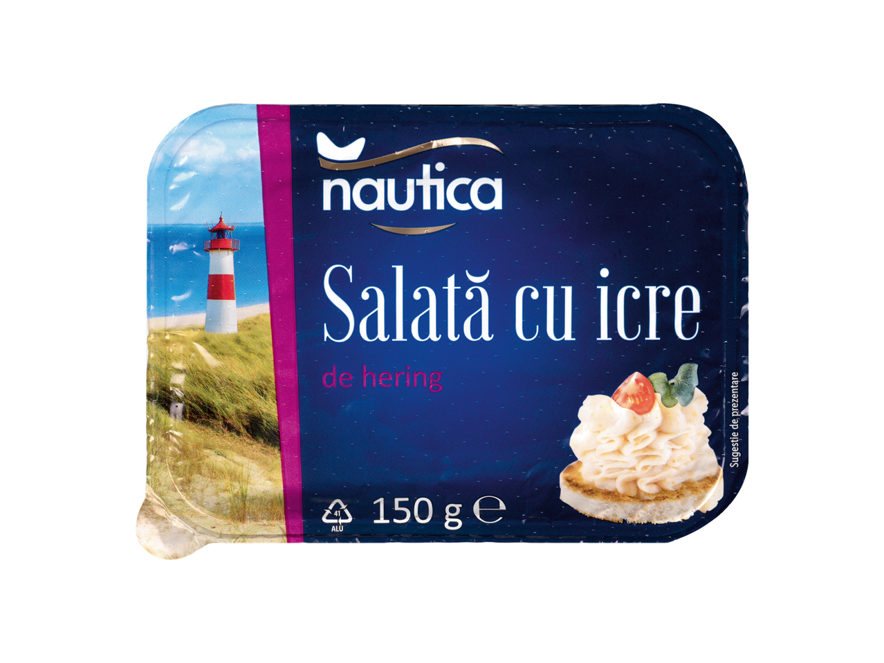 Salată de icre de hering Nautica într-un ambalaj cu design de far.