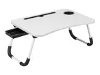 White portable laptop desk with black accents, cup holder, and side drawer.